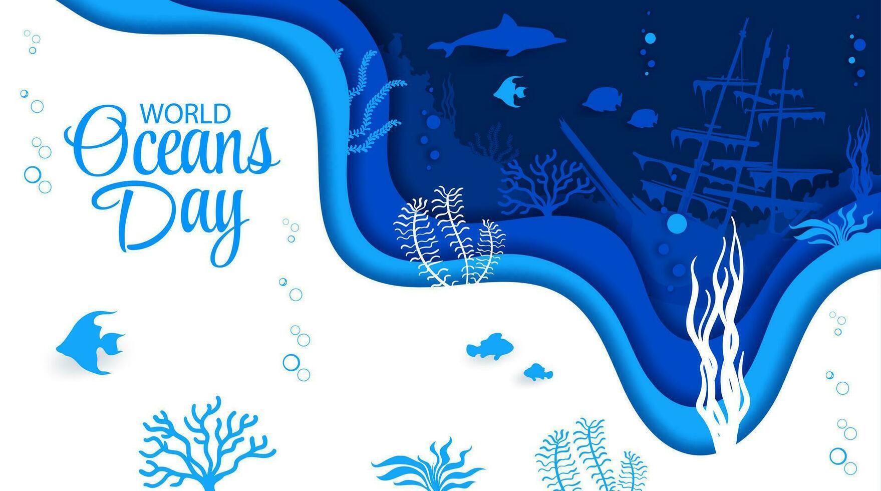 World oceans day banner. Sea paper cut landscape vector