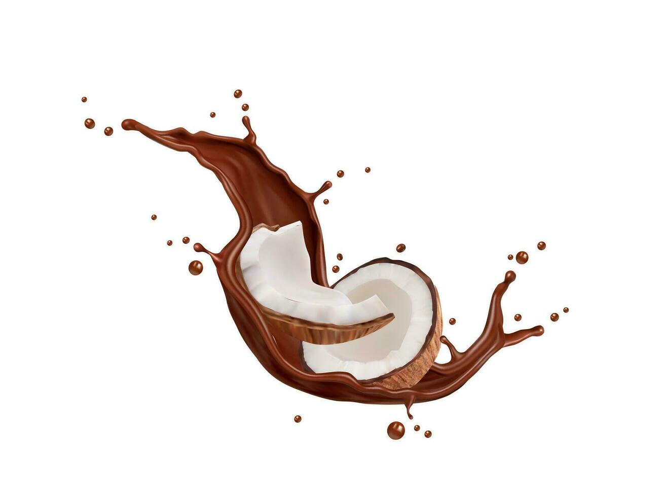 Realistic chocolate milk wave splash and coconut vector