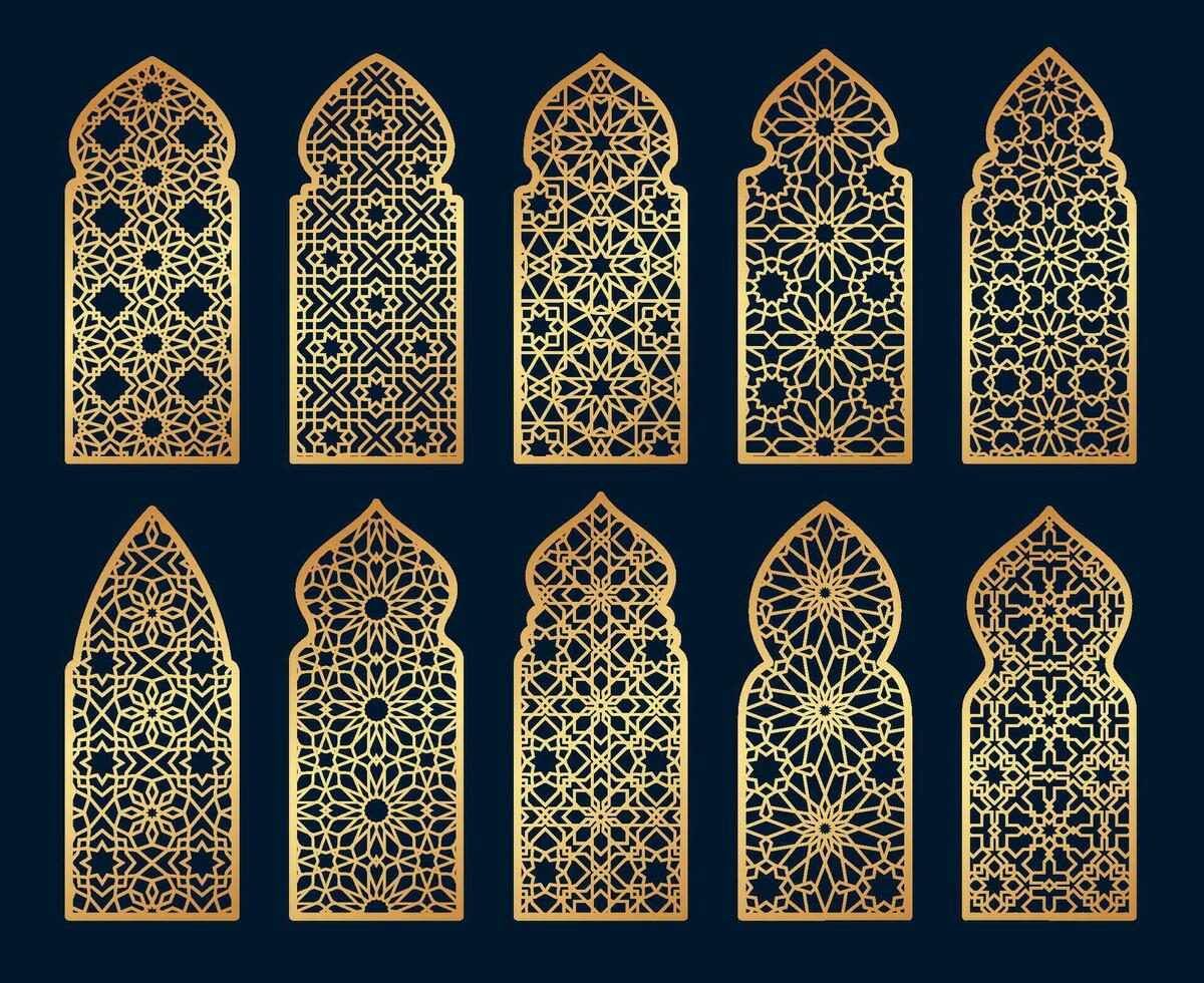 árabe mezquita ventana, portón y puerta patrones vector