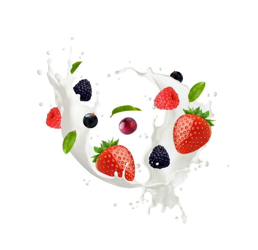 Milk swirl, yogurt wave splash with berries vector