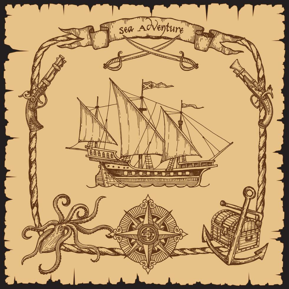 Vintage pirate vessel ship with rope frame, sketch vector