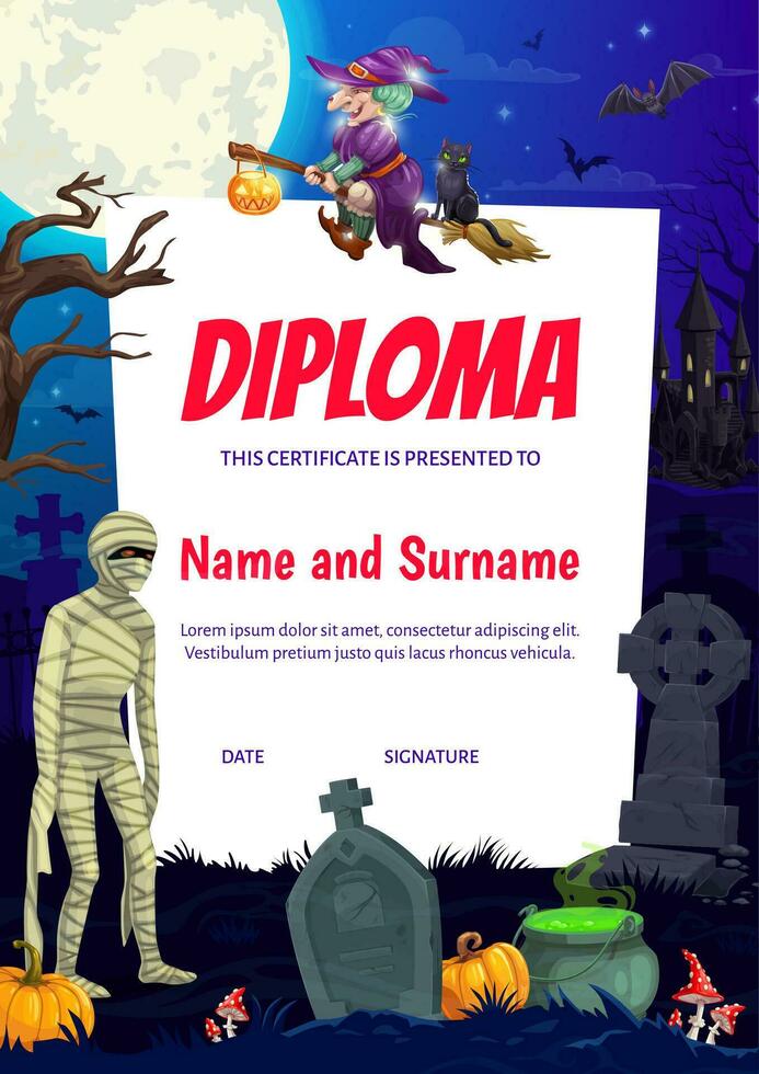 Kids diploma Halloween monsters, witch on cemetery vector