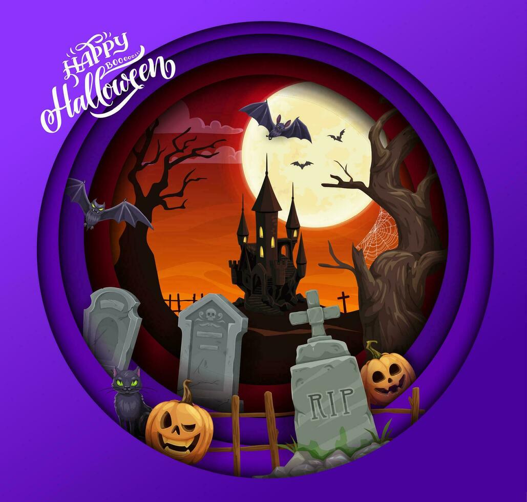 Halloween paper cut cartoon cemetery and pumpkins vector