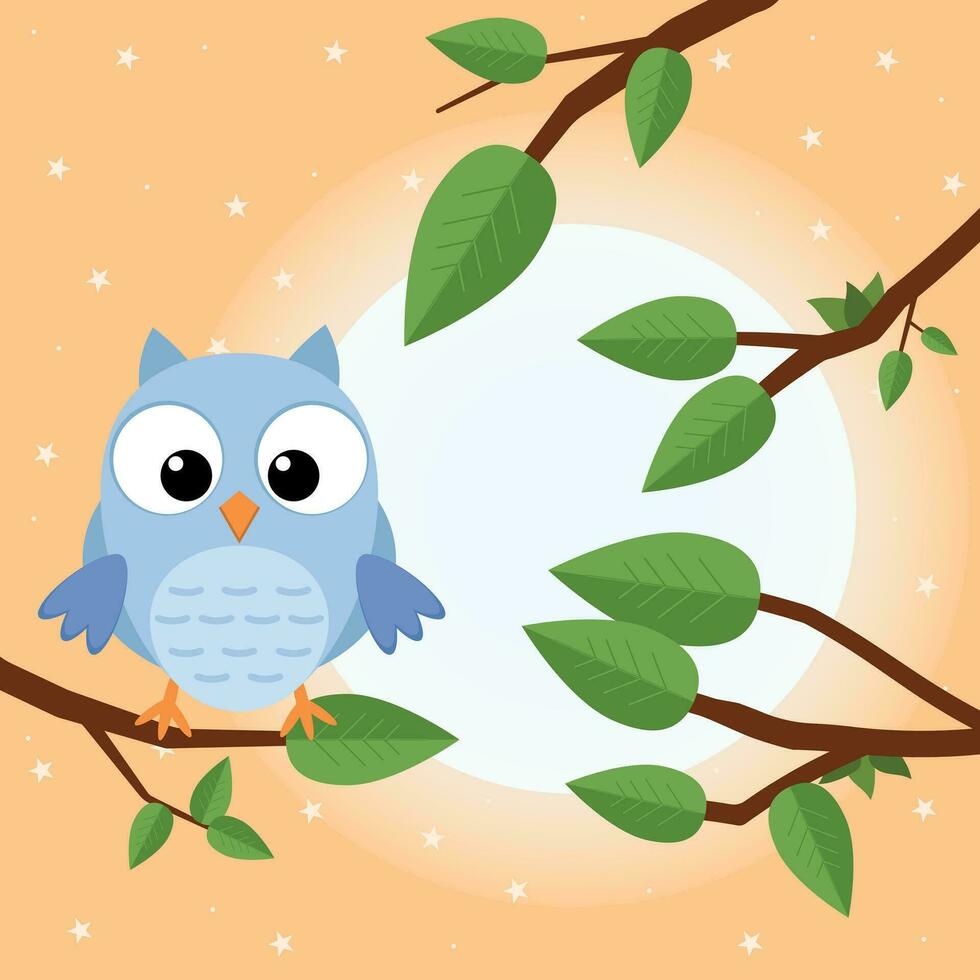 Colorful tree with cute owl. Cartoon bird in sunny forest. Flat vector illustration.