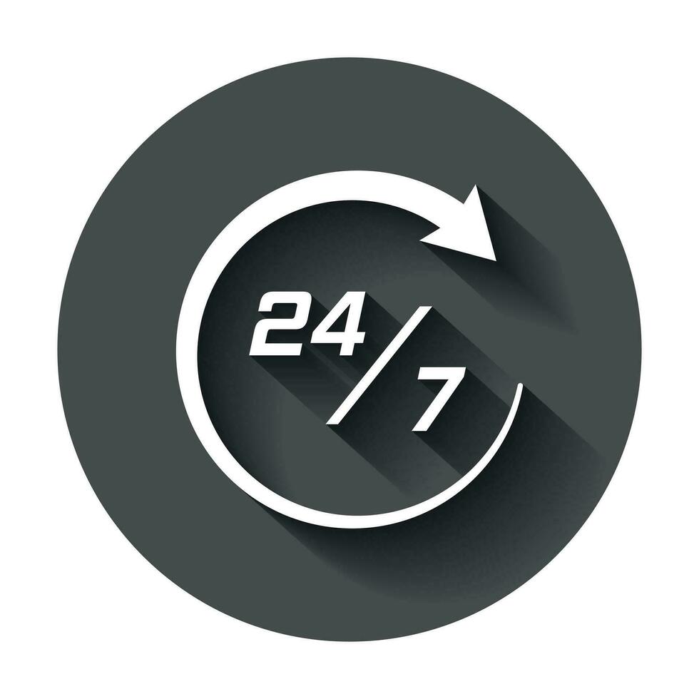 Twenty four hour clock icon in flat style. 24 7 service time illustration with long shadow. Around the clock sign concept. vector