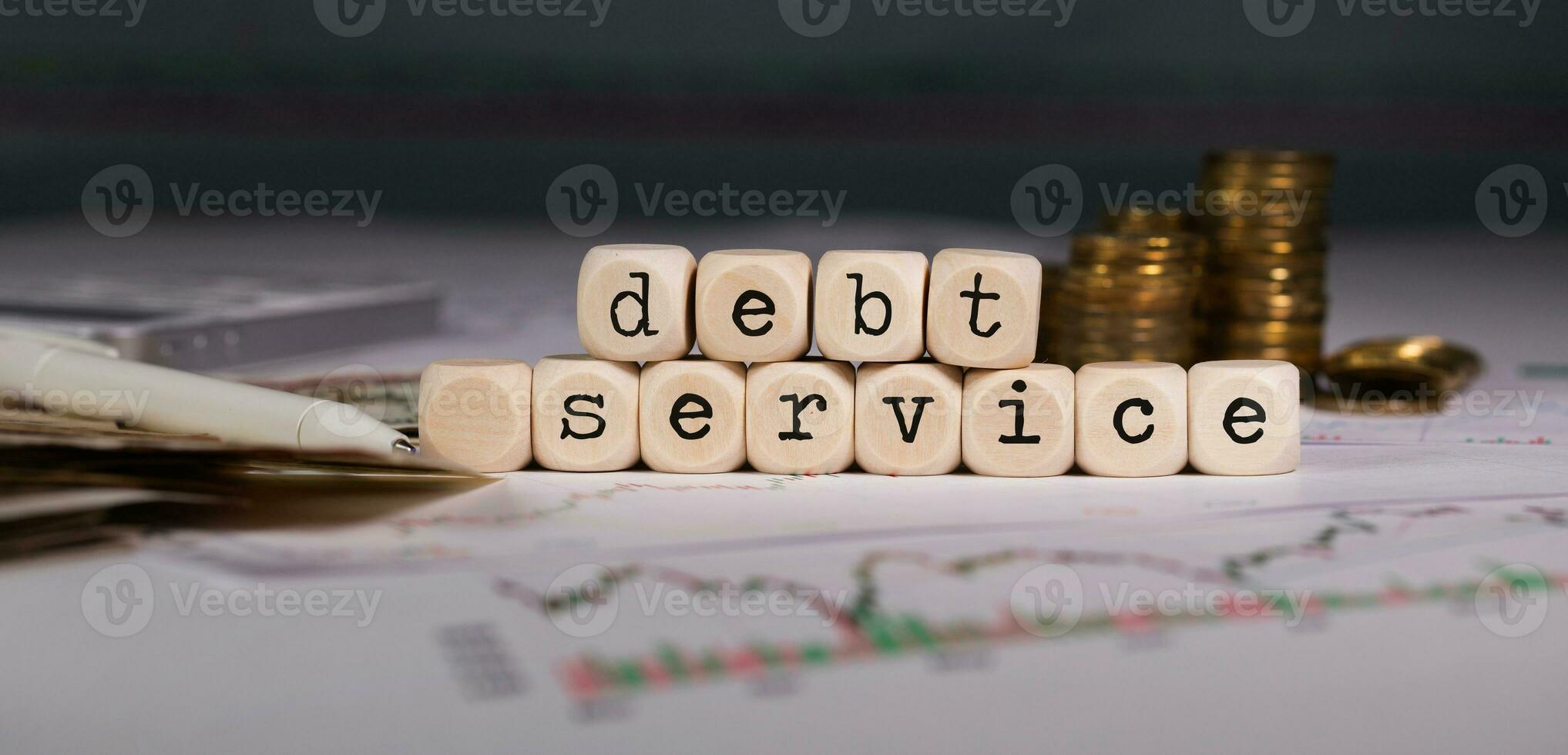 Words DEBT SERVICE composed of wooden letter. Stacks of coins in the background. photo