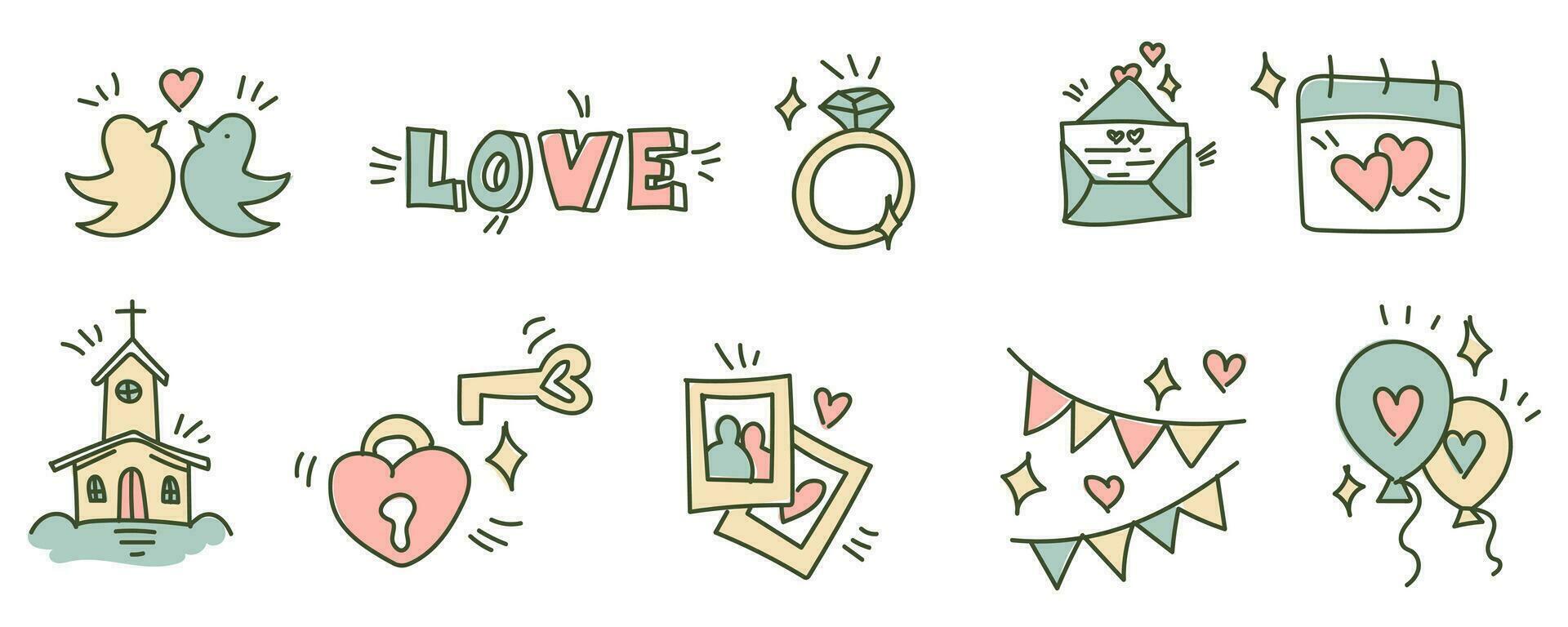 A set of sketches of wedding icons with a background color. A minimalistic set of thin linear icons made by hand. Vector colored wedding elements on a white. Timing for printing on invitations. date