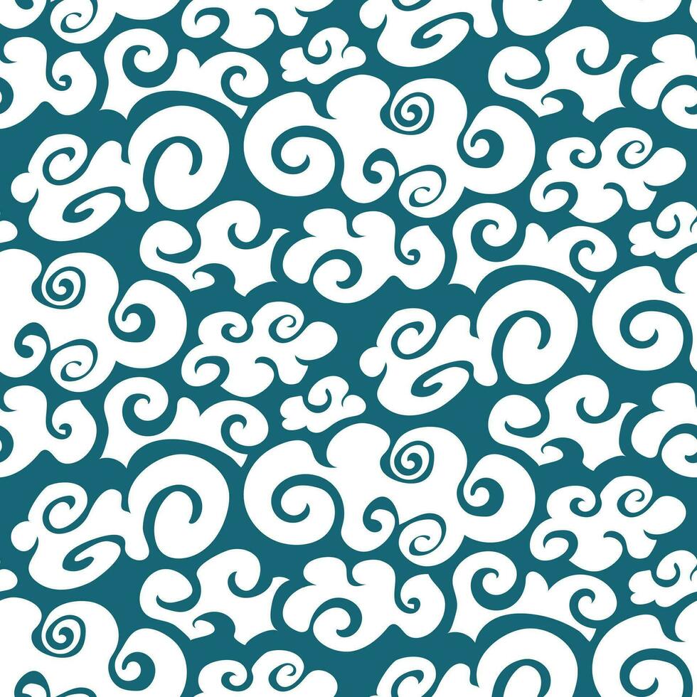 A pattern of white clouds in Chinese style on a blue background. Cartoon background, abstract illustration with imitation of Chinese style. Children's background. Printing on textiles and paper vector