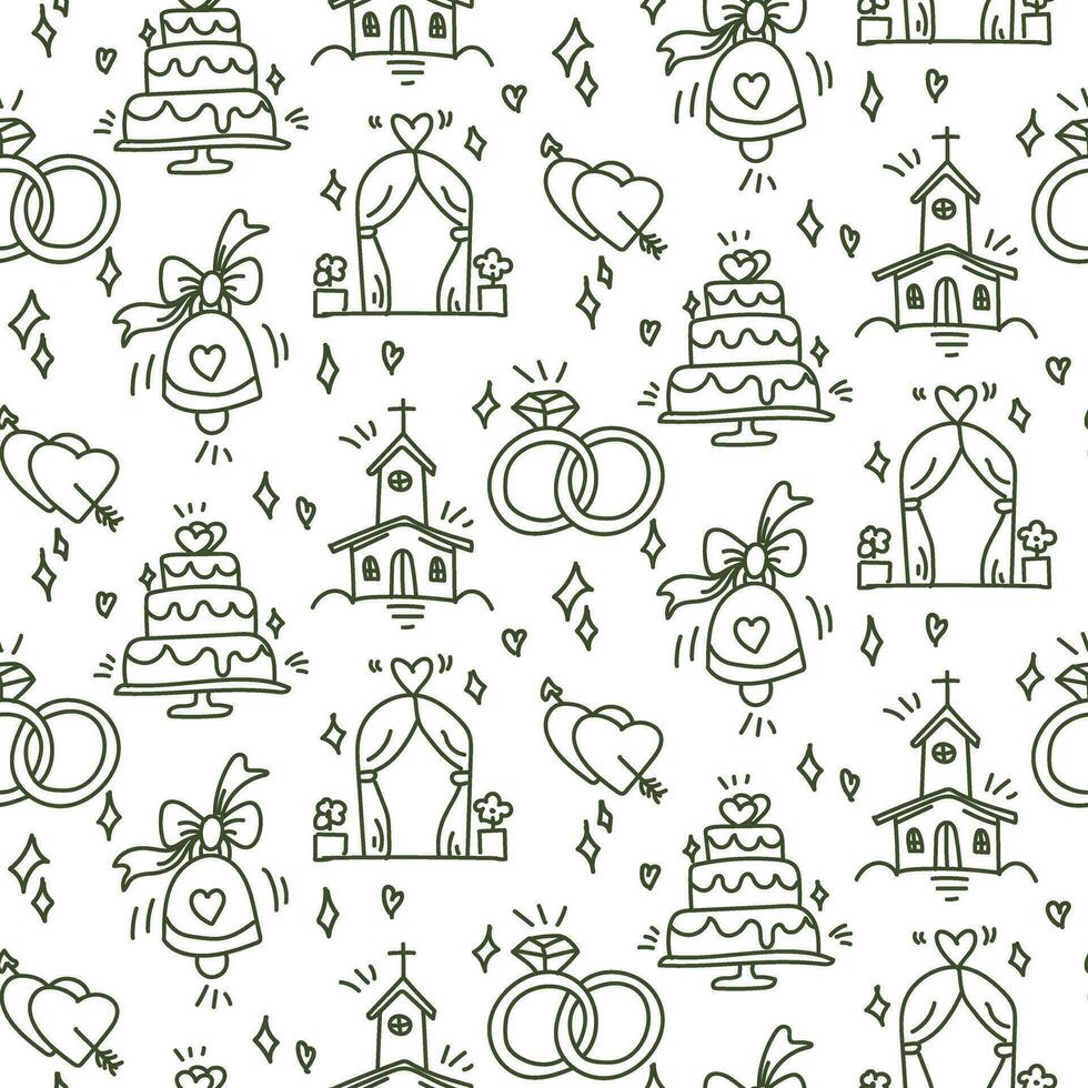 Wedding background. Seamless pattern with wedding items for timing guests. Wedding symbols. Cartoon hand-made wedding symbols on a white background. Contour icons, dark outline. Printing on paper vector