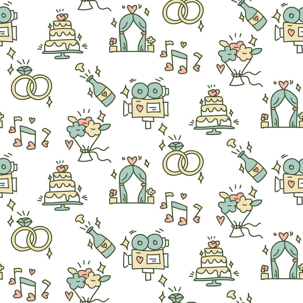 Wedding background. Seamless pattern with wedding elements to determine the arrival time of guests. Wedding symbols. Handmade cartoon wedding symbols on a white. Contour icons with fill. Packaging vector