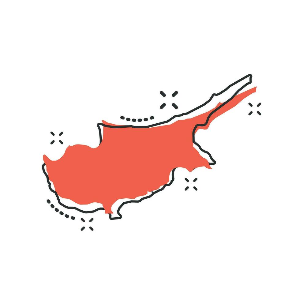 icono de mapa de Chipre de dibujos animados vectoriales en estilo cómico. Pictograma de ilustración de signo de Chipre. concepto de efecto de salpicadura de negocio de mapa de cartografía. vector
