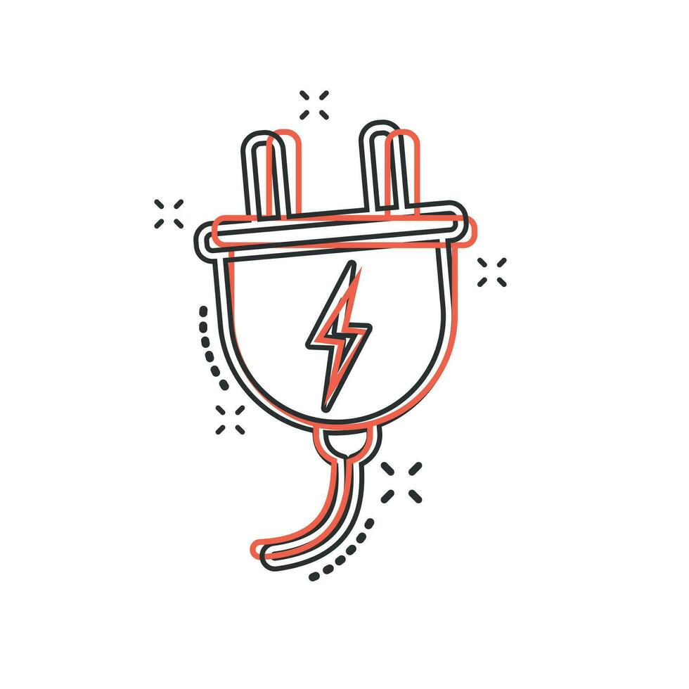 Vector cartoon electric plug icon in comic style. Power wire cable sign illustration pictogram. Wire business splash effect concept.