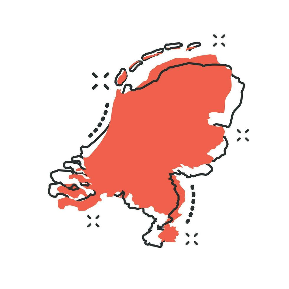 Vector cartoon Netherlands map icon in comic style. Netherlands sign illustration pictogram. Cartography map business splash effect concept.