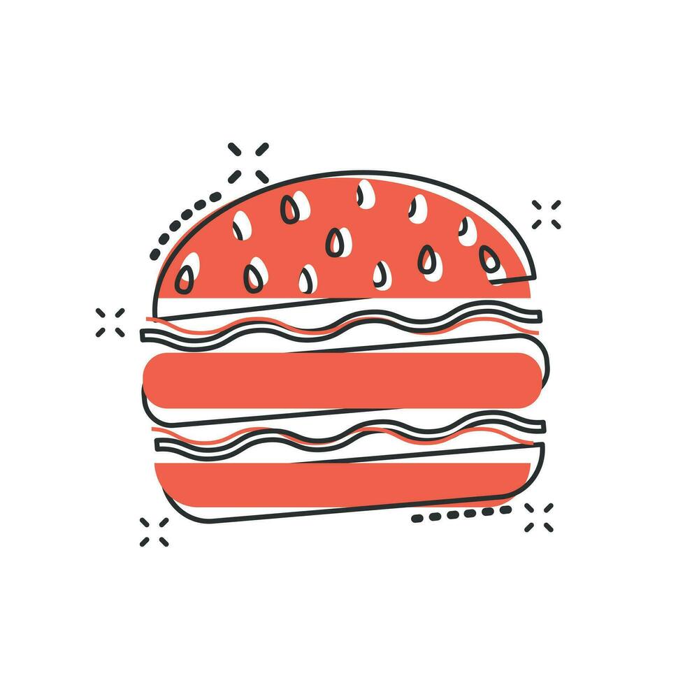 icono de comida rápida de hamburguesa de dibujos animados vectoriales en estilo cómico. pictograma de ilustración de signo de hamburguesa. concepto de efecto de salpicadura de negocio de hamburguesas. vector