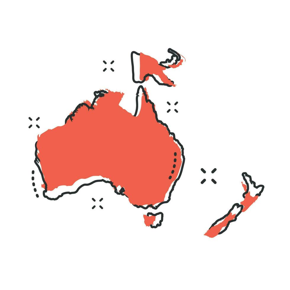 dibujos animados Australia y Oceanía mapa icono en cómic estilo. Australia y Oceanía ilustración pictograma. país geografía firmar chapoteo negocio concepto. vector