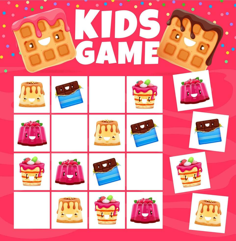 sudoku niños juego dibujos animados dulces, postre y pastel vector