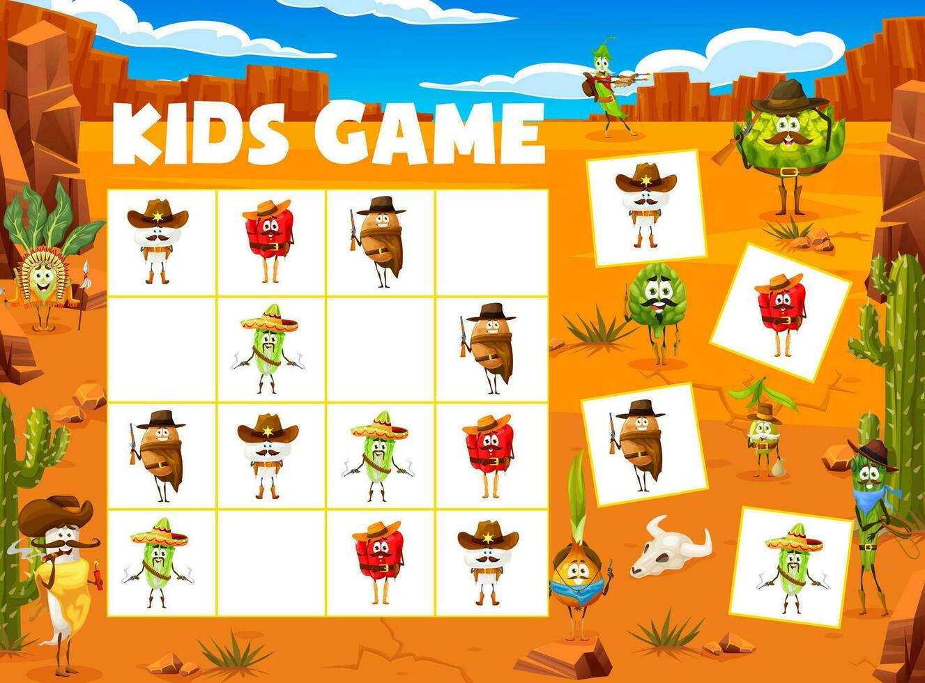 Sudoku kids game, cartoon cowboy vegetables vector