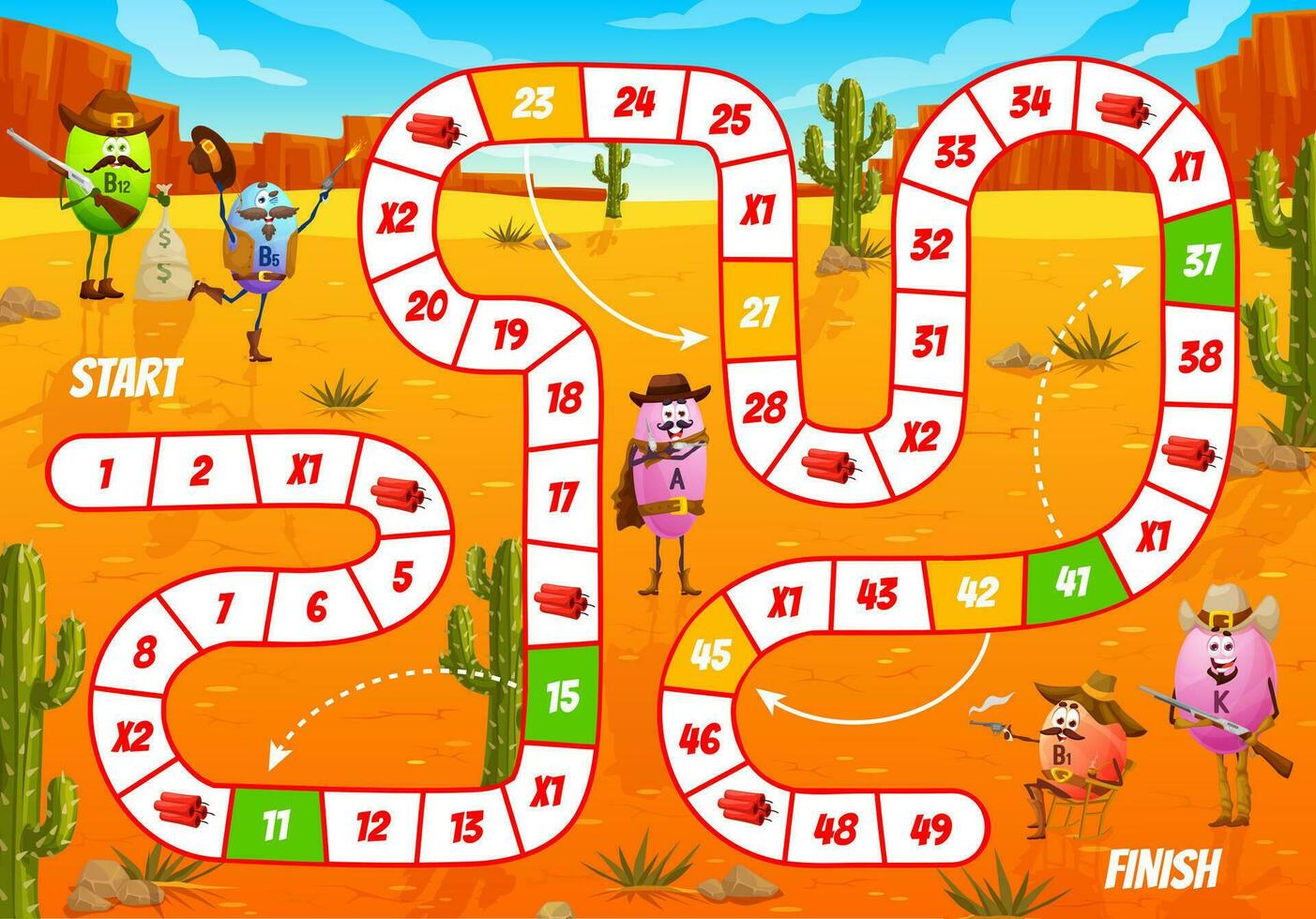 Kids western board game with vitamin characters vector