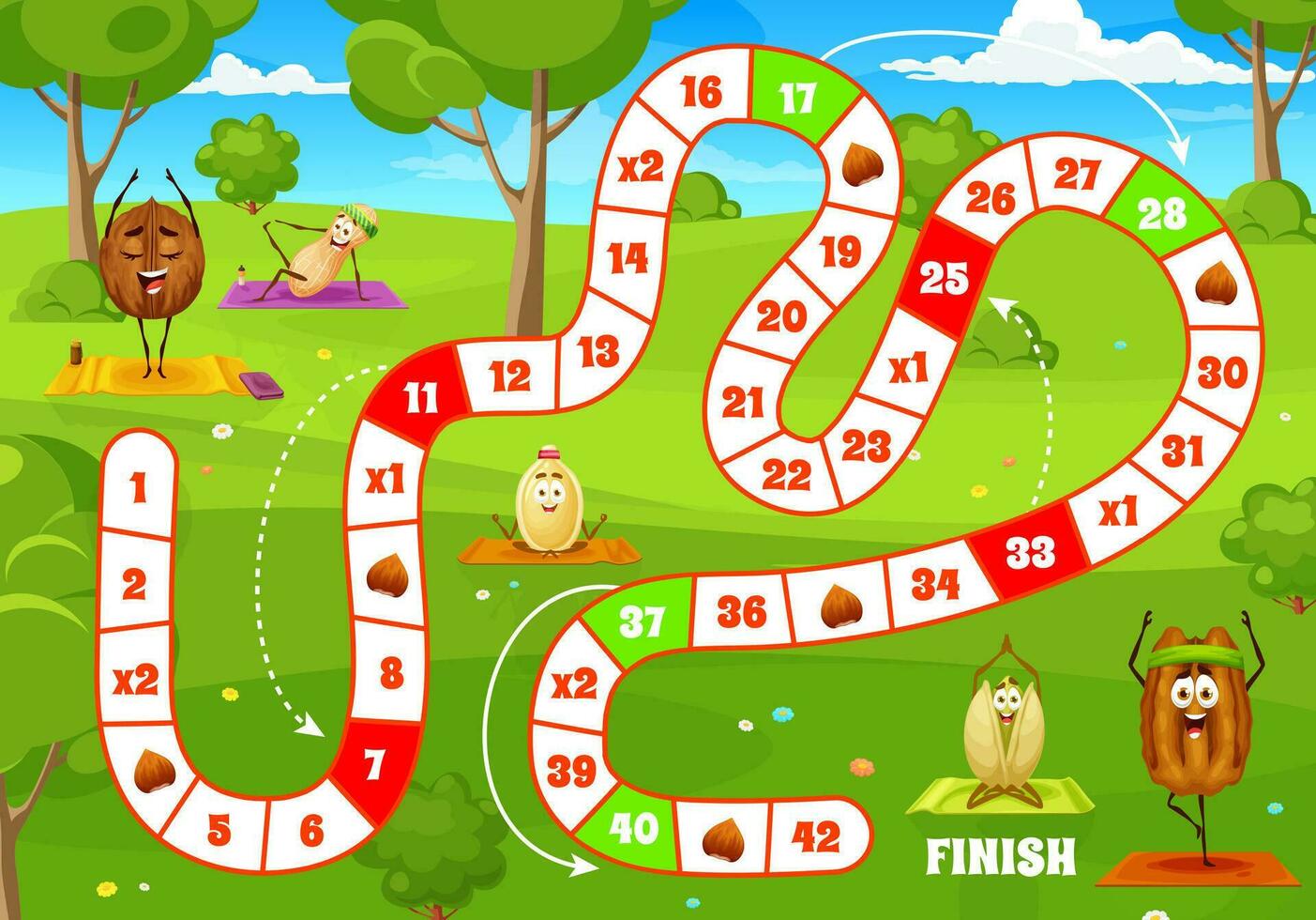Cartoon nuts on yoga fitness, board step game vector