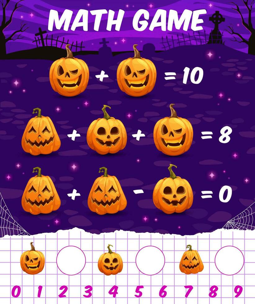 matemáticas juego hoja de cálculo dibujos animados Víspera de Todos los Santos calabazas vector