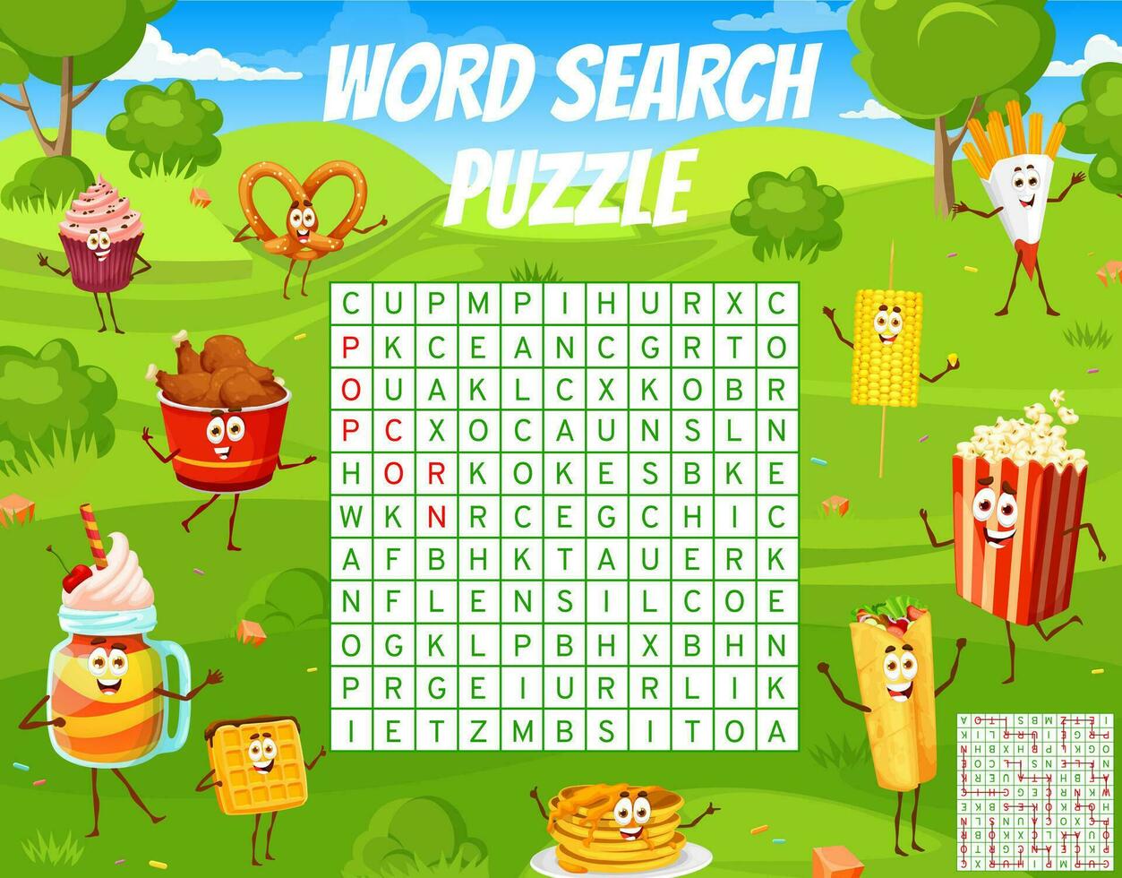 Word search puzzle game, cartoon fast food dessert vector