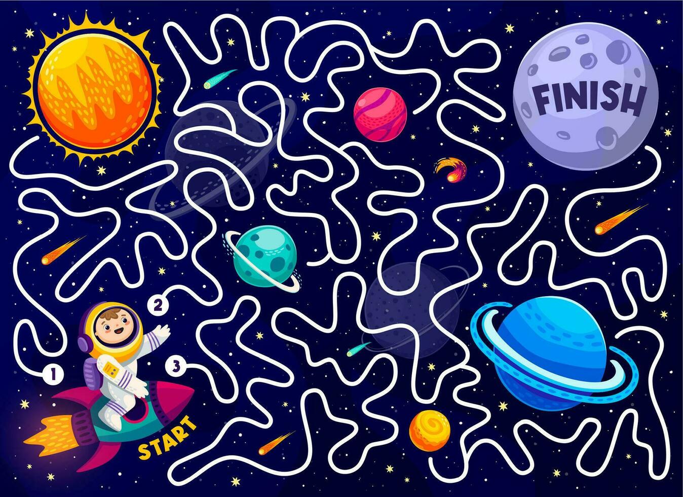 Labyrinth maze game with kid astronaut and planets vector