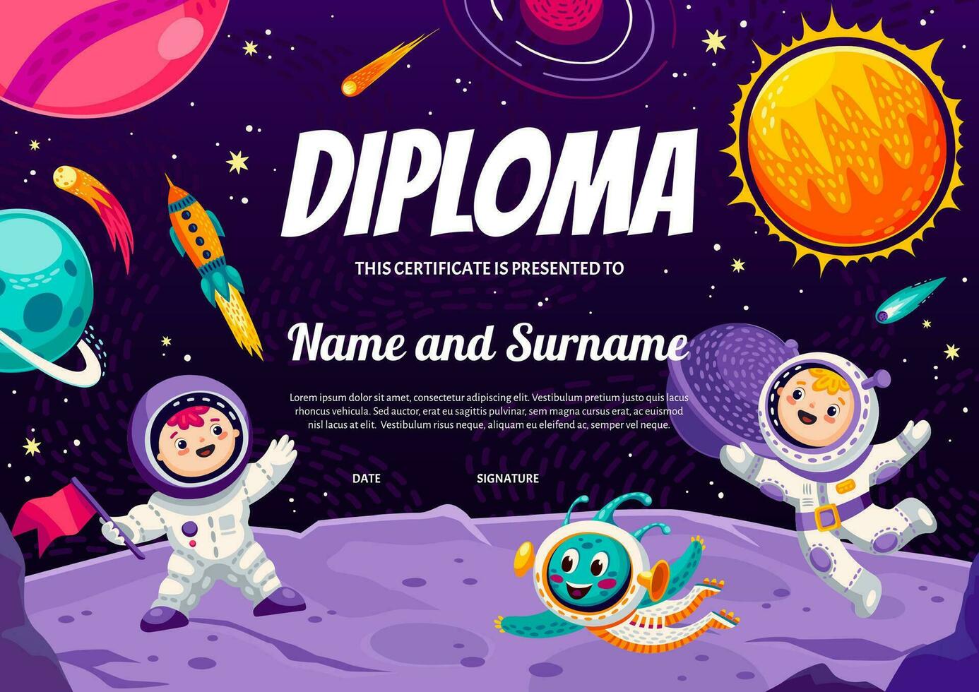 Kids diploma, cartoon astronauts, alien on planet vector