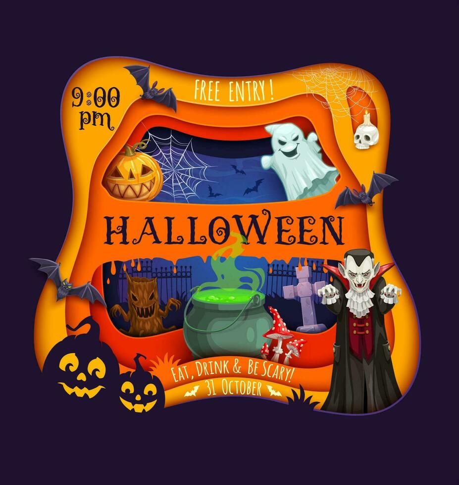 Halloween paper cut flyer characters on cemetery vector