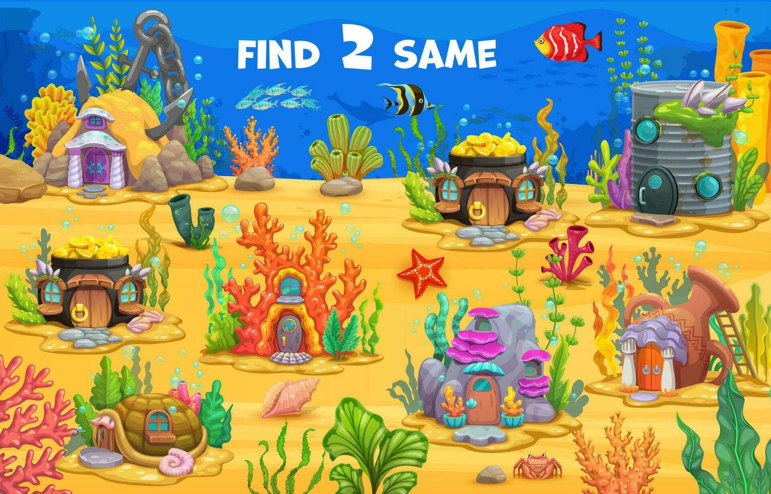 Find two same fairytale underwater houses, game vector