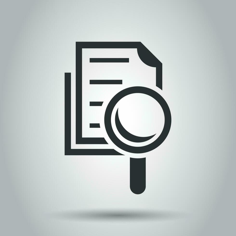 Scrutiny document plan icon in flat style. Review statement vector illustration on white background. Document with magnifier loupe business concept.