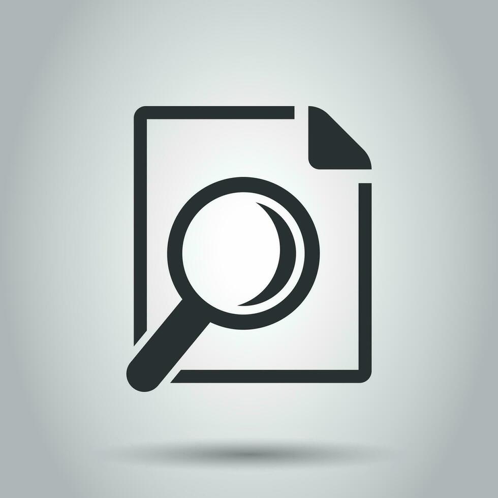 Scrutiny document plan icon in flat style. Review statement vector illustration on white background. Document with magnifier loupe business concept.