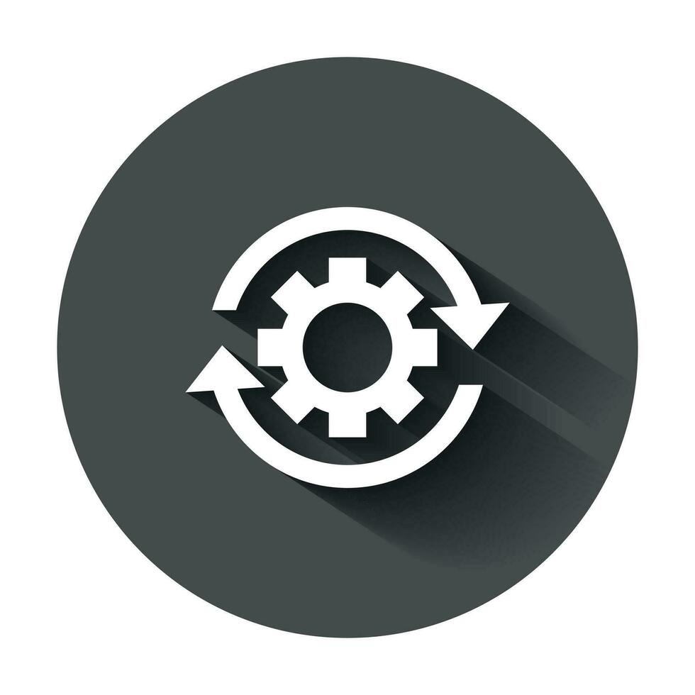 Workflow process icon in flat style. Gear cog wheel with arrows vector illustration with long shadow. Workflow business concept.