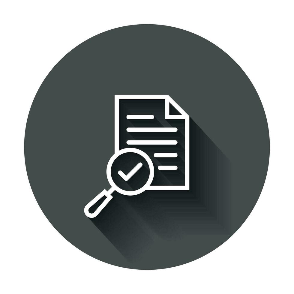 Scrutiny document plan icon in flat style. Review statement vector illustration with long shadow. Document with magnifier loupe business concept.