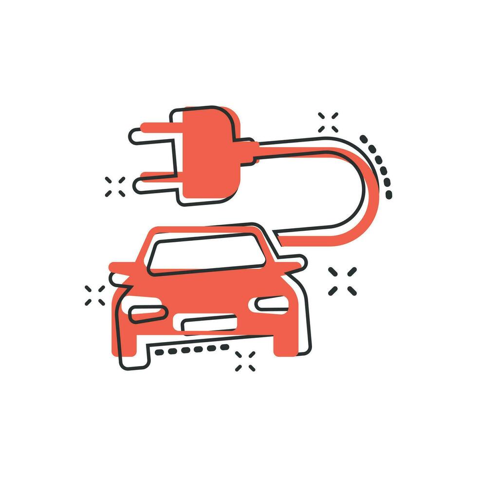 Vector cartoon electro car icon in comic style. Electric automobile vehicle illustration pictogram. Ecology car sedan splash effect concept.