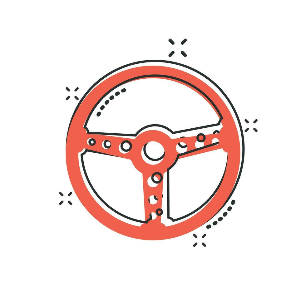 Vector cartoon steering wheel icon in comic style. Rudder wheel sign illustration pictogram. Steering business splash effect concept.