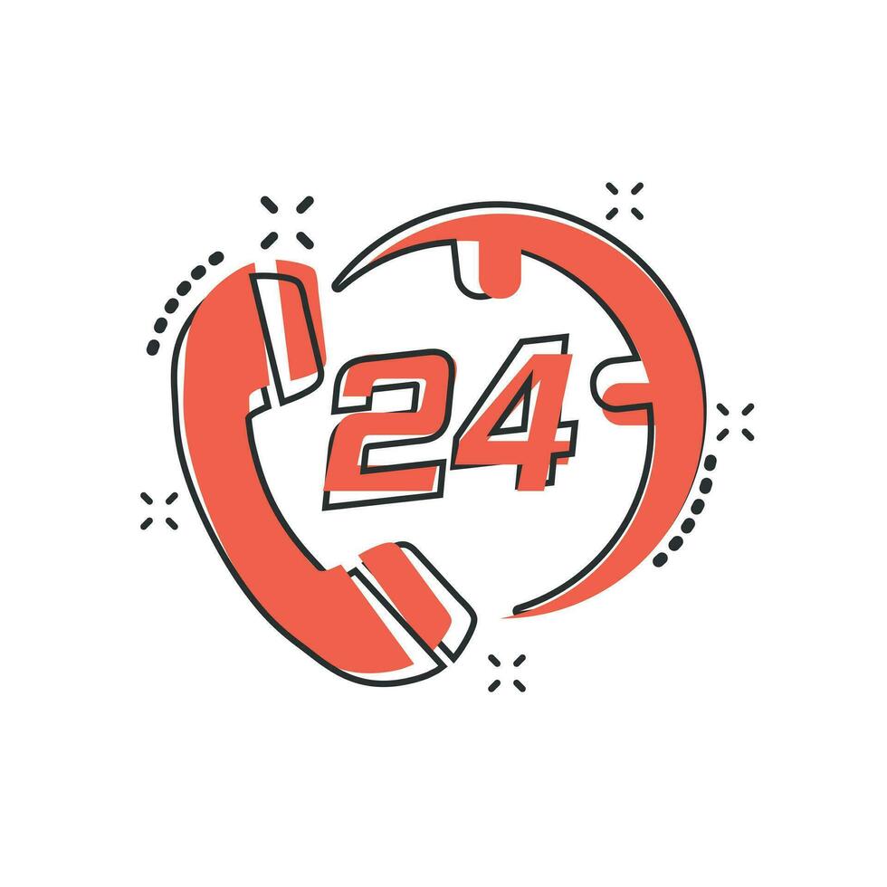 Vector cartoon technical support 24 7 icon in comic style. Phone clock help concept illustration pictogram. Computer service support business splash effect concept.