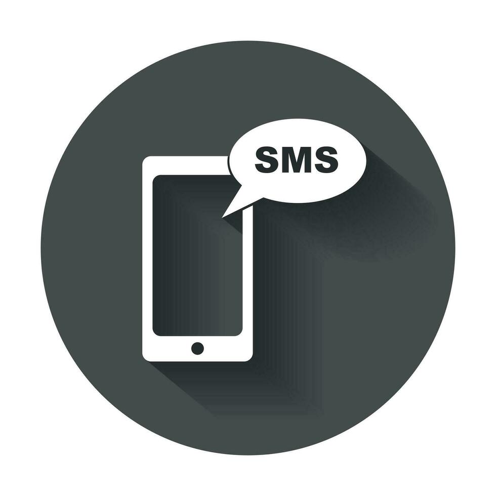 plano teléfono inteligente icono. SMS mensaje. teléfono con largo sombra. vector