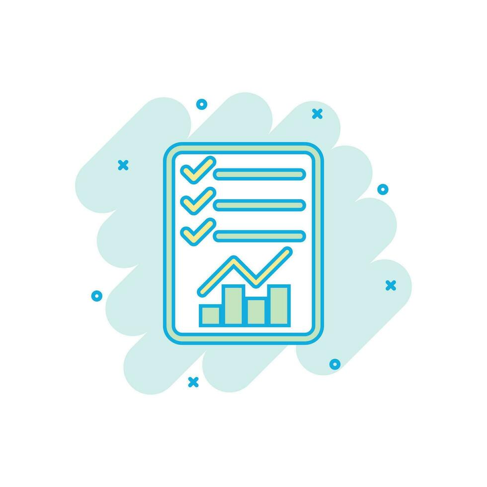 Cartoon colored checklist icon in comic style. Document check sign illustration pictogram. Diagram graph splash business concept. vector