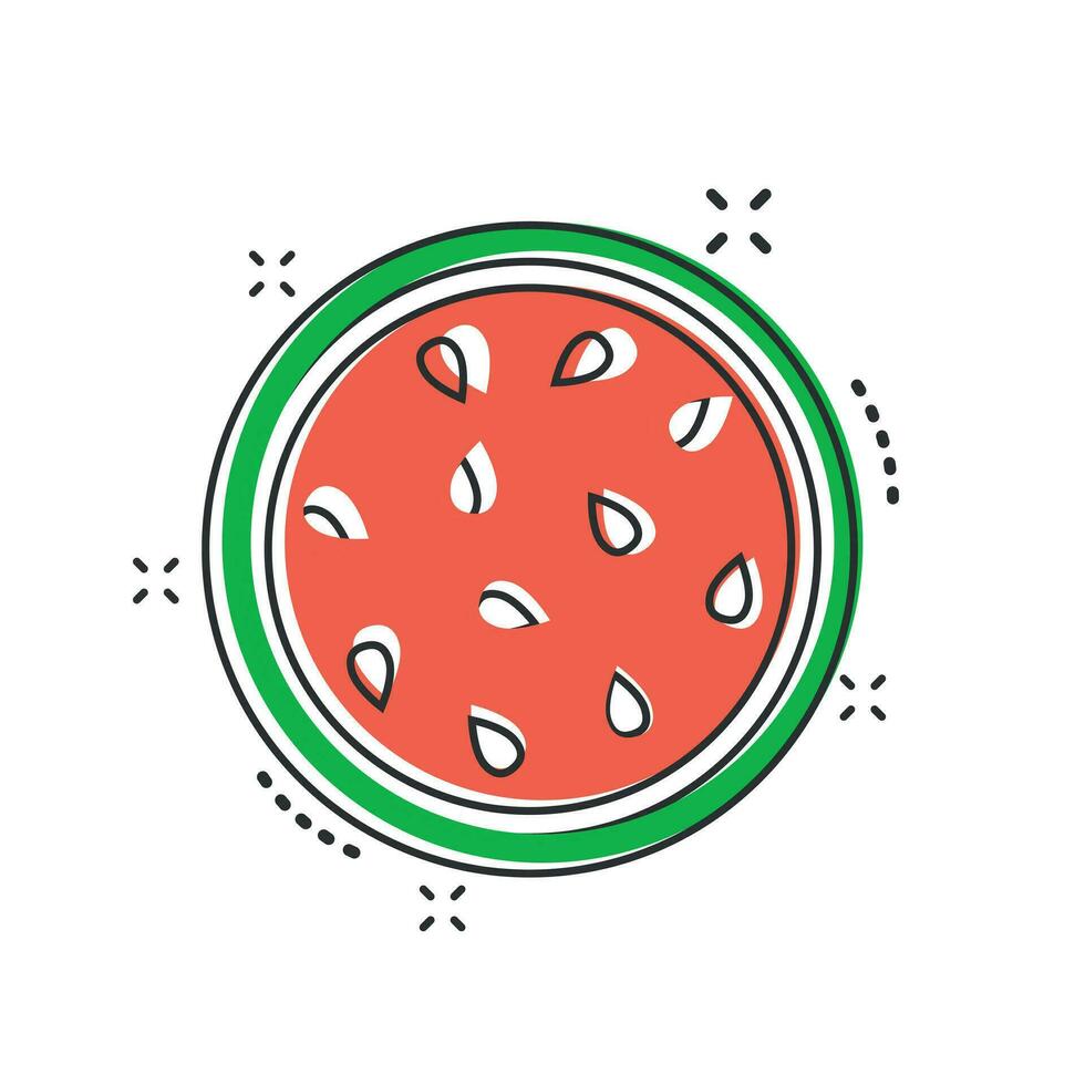 Cartoon watermelon icon in comic style. Juicy ripe fruit sign illustration pictogram. Watermelon splash business concept. vector