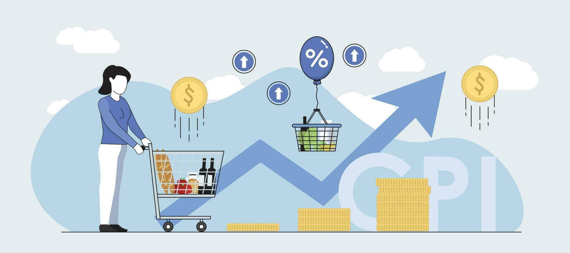 Food crisis woman shopping cart flat vector