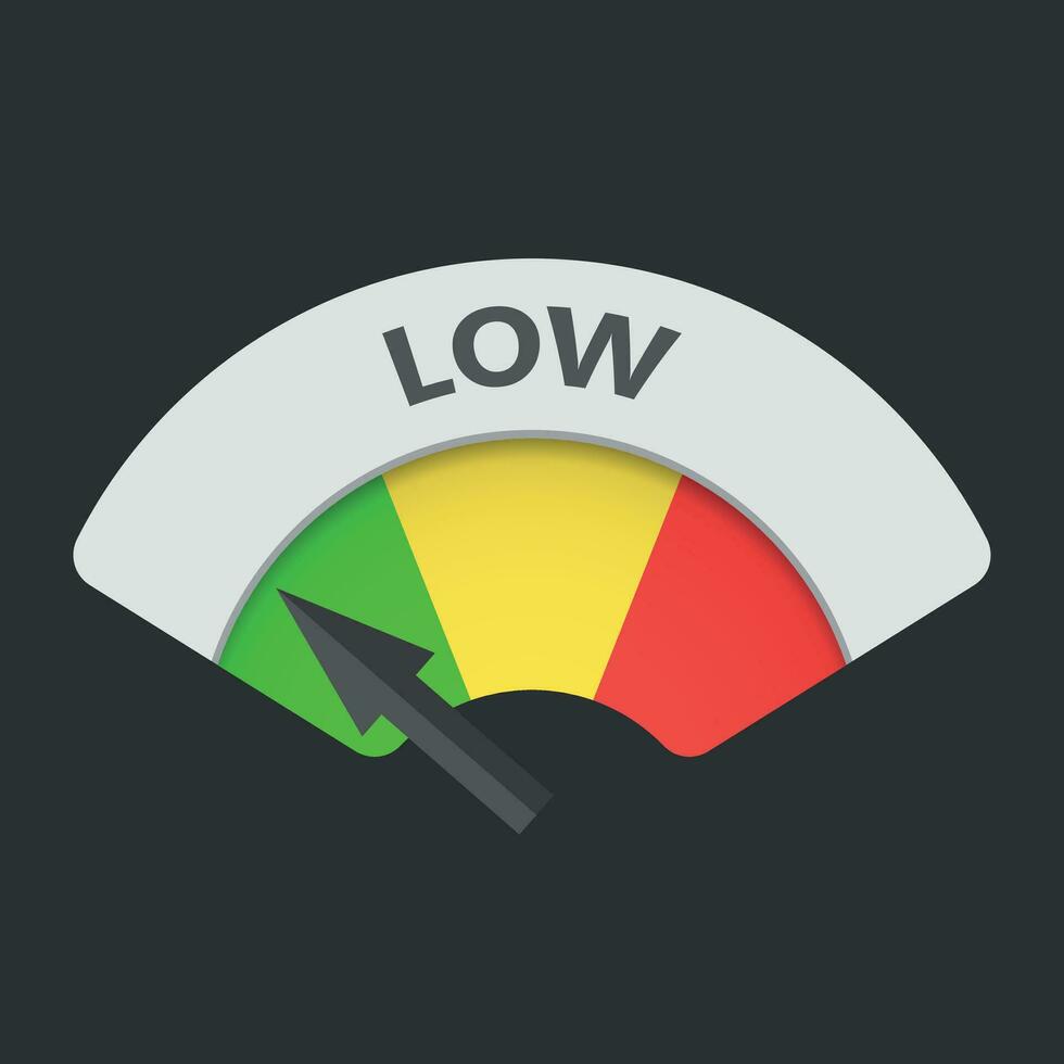 Low level risk gauge vector icon. Low fuel illustration on black background.