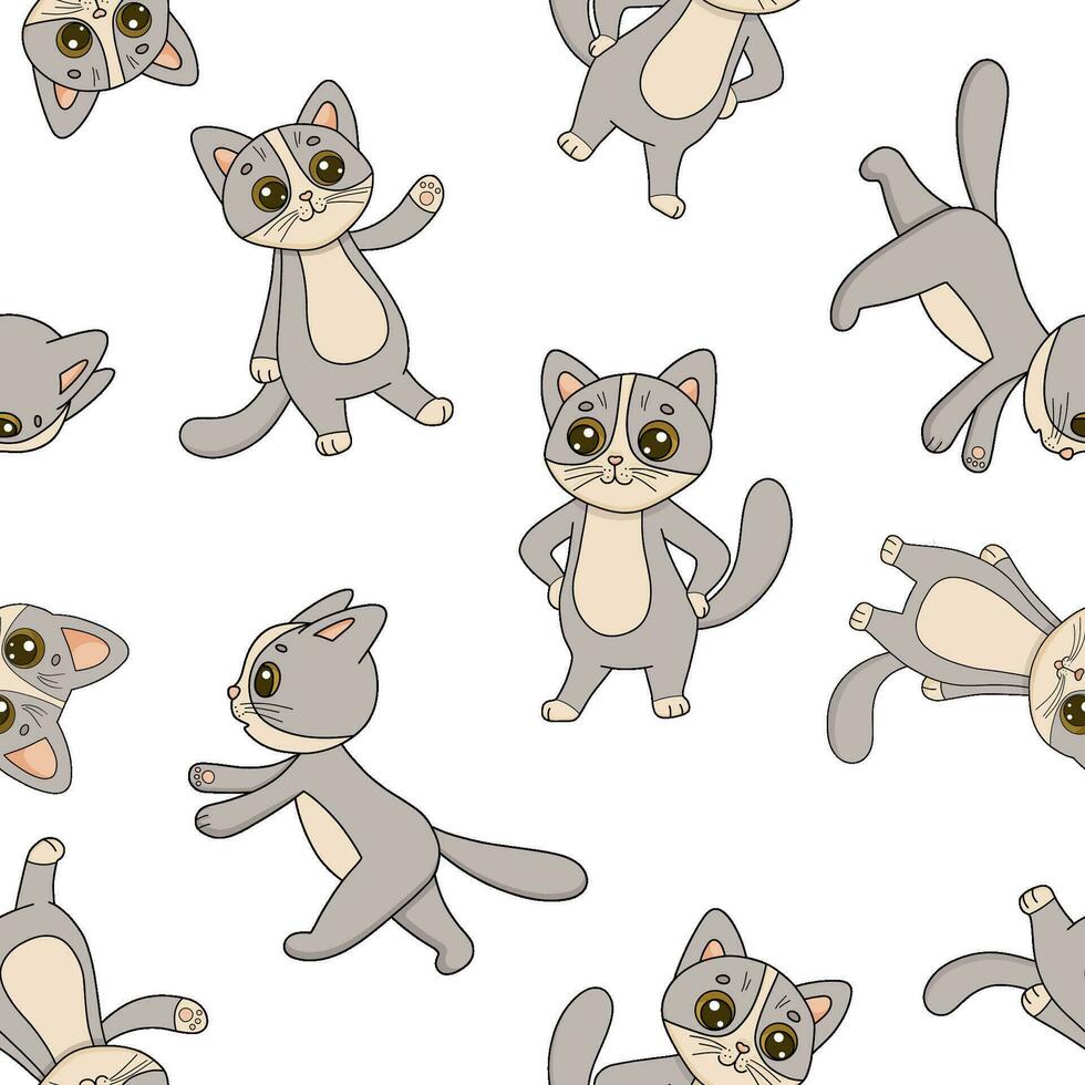 sin costura modelo con animales mano dibujado infantil vector modelo con personaje gato. gracioso plano dibujos animados gatito en blanco