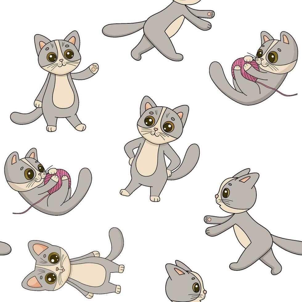 Seamless pattern with cute animals. Hand drawn childish vector pattern with character cat. Funny flat cartoon kitty on white