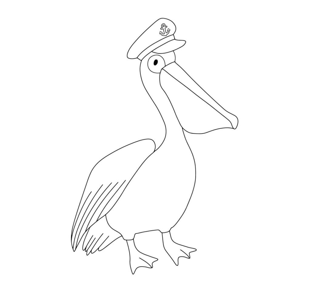 Outline illustration isolated on white. Funny pelican with nautical captain hat for coloring book. Line sketch vector