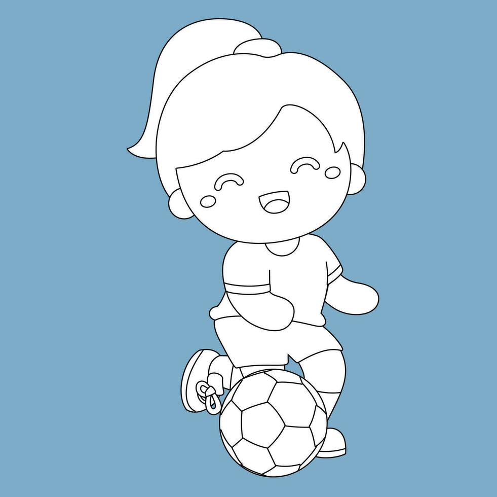 Little Girl Playing Soccer Ball Football Sport Activity Digital Stamp Outline Cartoon Kids vector