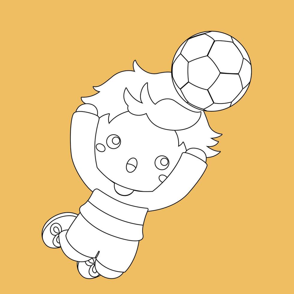 pequeño chico jugando fútbol pelota fútbol americano deporte actividad digital sello contorno dibujos animados niños vector