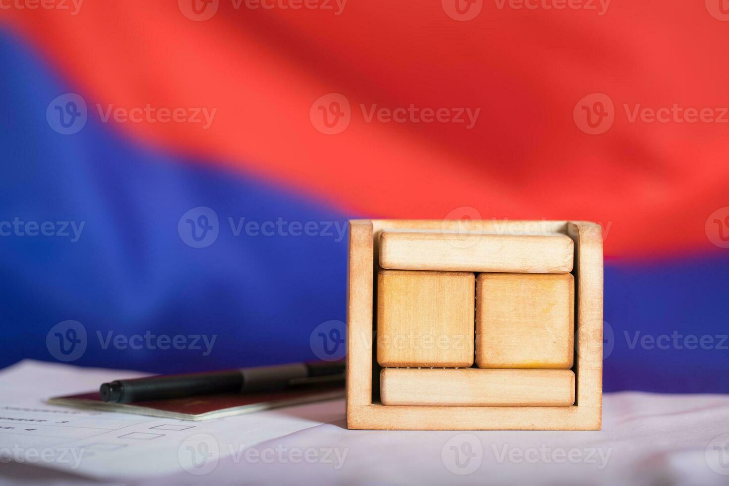 Wooden calendar with free text in front of Russian flag. photo