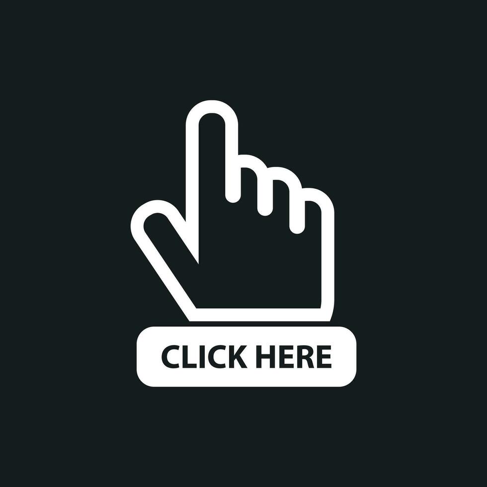 Click here icon. Hand cursor signs. White button flat vector illustration.