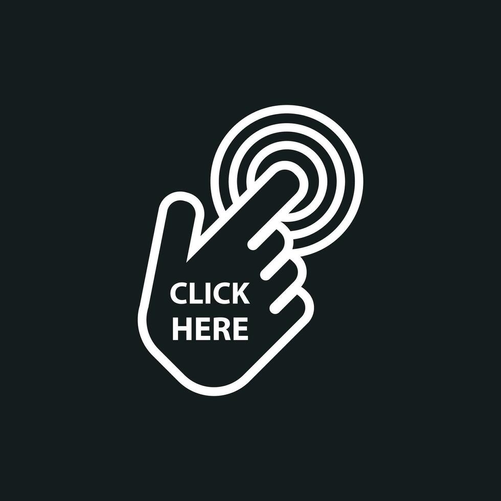 hacer clic aquí icono. mano cursor señales. blanco botón plano vector ilustración.