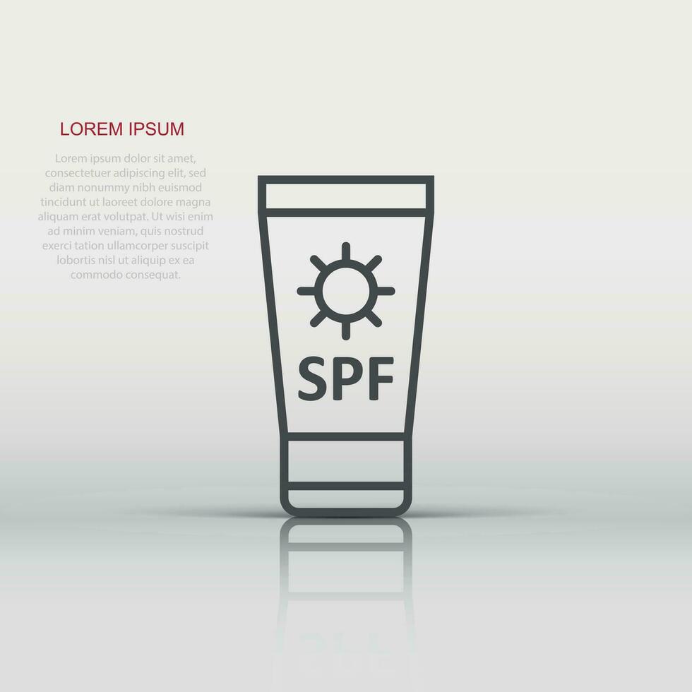 Sun protection icon in flat style. Sunblock cream vector illustration on white isolated background. Spf care business concept.